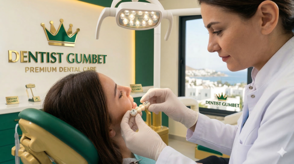 Metal crown dental procedure being performed at a modern dental clinic in Bodrum Turkey