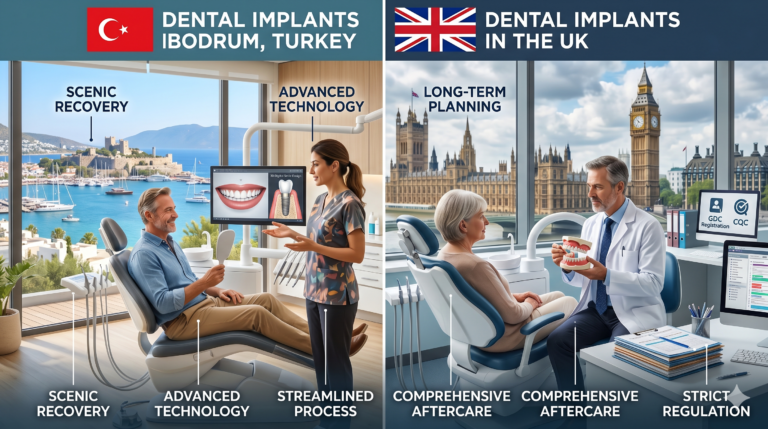 DENTAL IMPLANTS IN BODRUM VS UK comparison showing affordable implant prices, modern dental clinics, and dental tourism advantages in Bodrum, Turkey