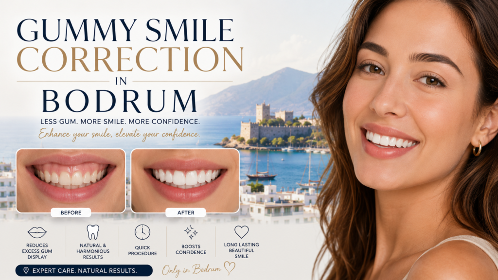 GUMMY SMILE CORRECTION IN BODRUM treatment consultation showing advanced aesthetic dentistry and gum contouring procedure for a balanced natural smile in Bodrum Turkey.