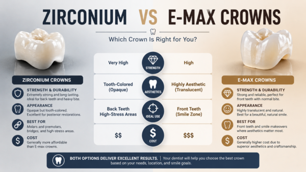 ZIRCONIUM VS E-MAX CROWNS comparison infographic showing strength, aesthetics, durability, and ideal dental crown uses for smile makeover treatments Caption: