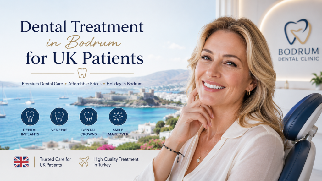 Dental Treatment in Bodrum for UK Patients premium dental tourism concept featuring a smiling British woman inside a modern luxury dental clinic overlooking the Bodrum coastline, cosmetic dentistry in Turkey, dental implants, veneers, smile makeover, affordable high-quality dental care for UK patients Dental Treatment in Bodrum for UK Patients